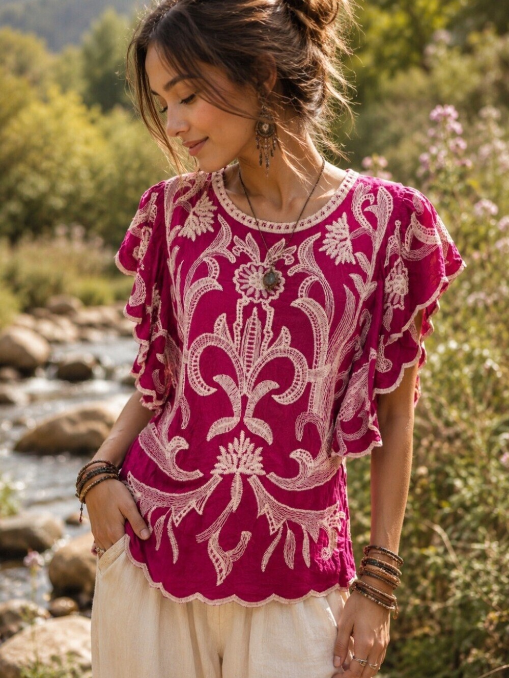 Solitaire Size Small Fully Embroidered Flutter Sleeve Boho Hippie Blouse Fuschia